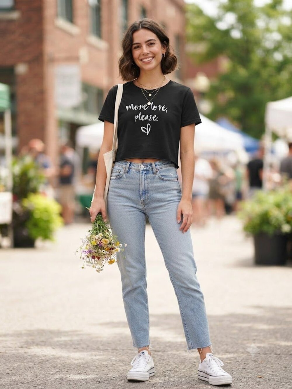 Miken Flow More Love Please Black Graphic Crop Cropped Raw Top Size Medium EUC